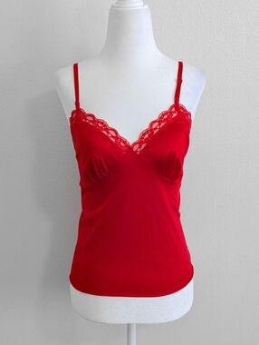 Vintage Red Romantic Lace Trim Satin Nylon Cami Top | Size L